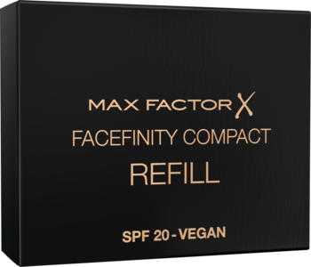 Czarny, prostokątny wkład podkładu Max Factor Facefinity Compact Refill SPF 20 Vegan ze złotymi napisami, widok z przodu pod kątem.