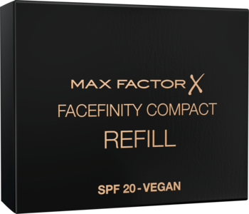 Czarny, prostokątny wkład podkładu Max Factor Facefinity Compact Refill SPF 20 Vegan ze złotymi napisami, widok z przodu pod kątem.