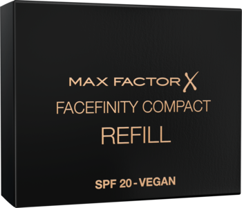 Czarny wkład Max Factor Facefinity Compact Refill, prostokątny, ze złotym tekstem SPF 20-VEGAN.
