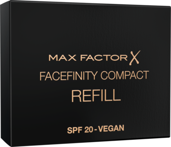 Czarny wkład Max Factor Facefinity Compact Refill, prostokątny, ze złotym tekstem SPF 20-VEGAN.