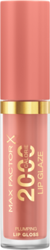 Frontalny widok błyszczyka Max Factor 2000 Calorie Lip Glaze w brzoskwiniowym odcieniu, napisy 'PLUMPING LIP GLOSS'.