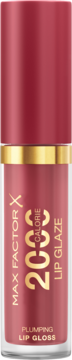 Max Factor 2000 Calorie Lip Glaze Berry Sorbet, reddish-pink plumping lip gloss, gold details, front view.