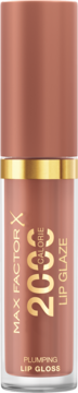 Max Factor 2000 Calorie Plumping Lip Glaze, karmelowy odcień, widok z przodu, złoty pasek.