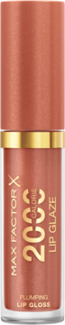 Max Factor 2000 Calorie Plumping Lip Gloss w miedziano-złotej tubce, widok z przodu. Błyszczący efekt.