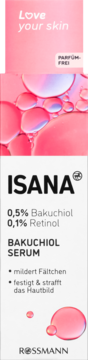 Reklama ISANA Bakuchiol Serum, 0.5% bakuchiol, 0.1% retinol, bezzapachowe. Różowo-szare tło z kroplami oleju.