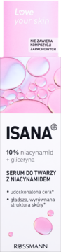 Isana Love Your Skin serum do twarzy 10% niacynamid + gliceryna, różowe opakowanie z bąbelkami, widok z przodu.