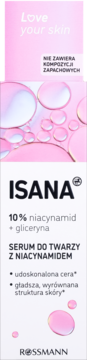 Isana Love Your Skin serum do twarzy 10% niacynamid + gliceryna, różowe opakowanie z bąbelkami, widok z przodu.