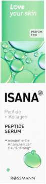 ISANA Peptide Serum w zielono-białym opakowaniu, widok z przodu. Zawiera peptydy i kolagen, bez substancji zapachowych.