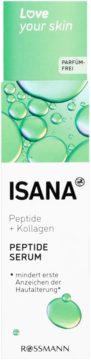 ISANA Peptide Serum w zielono-białym opakowaniu, widok z przodu. Zawiera peptydy i kolagen, bez substancji zapachowych.