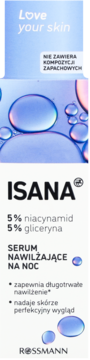 Isana Love Your Skin Serum Na Noc 5% niacynamid, 5% gliceryna, bez zapachu, nawilża, jasnoniebieskie tło.