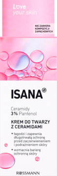 Isana Love Your Skin krem do twarzy z ceramidami i 3% pantenolem, w biało-różowym opakowaniu, widok z przodu.