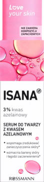 Isana Love Your Skin serum z 3% kwasem azelainowym w reklamie, różowe tło z kroplami olejku i białym opakowaniem.