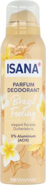 ISANA Brazil Feeling Parfum Deodorant, złoty spray 0% aluminium, z kwiatami plumerii, widok z przodu.