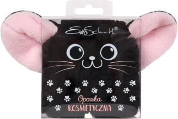 Puszysta czarna opaska kosmetyczna z kocimi uszami i haftowaną twarzą, w przezroczystym opakowaniu.