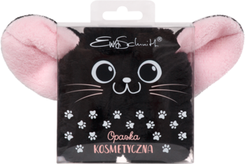Puszysta czarna opaska kosmetyczna z kocimi uszami i haftowaną twarzą, w przezroczystym opakowaniu.