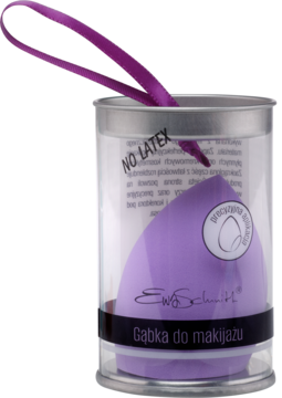 Lawendowa gąbka do makijażu Ewa Schmitt, ścięta, w cylindrze "NO LATEX", z fioletową wstążką.