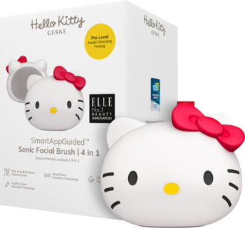 GESKE Hello Kitty biała szczotka soniczna 4w1 do twarzy, z czerwoną kokardą, na tle opakowania.