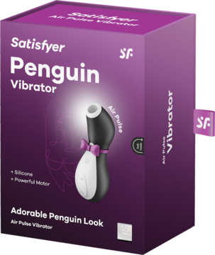 Pudełko fioletowego wibratora Satisfyer Penguin, widok z przodu, z obrazkiem czarno-białego pingwina. Air Pulse.