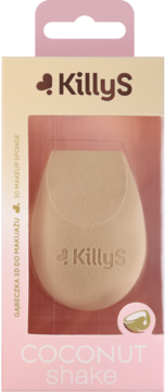 Beżowa, jajowata gąbeczka do makijażu KillyS Coconut Shake w przezroczystym opakowaniu, widok z przodu.