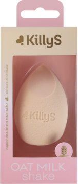 Beżowa gąbeczka KillyS 3D OAT MILK shake, w kształcie łzy, w jasnoróżowym opakowaniu z logo KillyS.