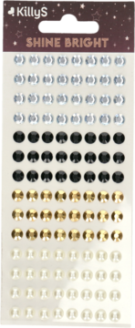 Sheet of KillyS 'SHINE BRIGHT' self-adhesive face gems in clear, black, gold, and pearl, front view.