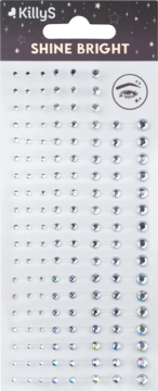 Opakowanie KillyS Shine Bright z błyszczącymi, samoprzylepnymi cyrkoniami w różnych rozmiarach na szarym kartonie.