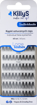 KillyS Love Lashes czarne kępki sztucznych rzęs w białym opakowaniu, mix 10, 11, 12 mm, widok z przodu.