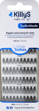 KillyS Love Lashes czarne kępki sztucznych rzęs w białym opakowaniu, mix 10, 11, 12 mm, widok z przodu.