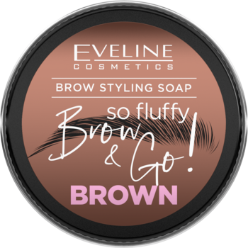 Okrągłe brązowe mydło do brwi Eveline Brow&Go Brown, z białymi napisami i grafiką, widok z góry.