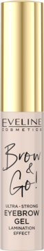 Eveline Brow & Go! Ultra-Strong Eyebrow Gel, efekt laminacji, beżowa butelka z błyszczącą złotą nakrętką.