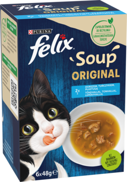 Felix Soup Original Rybne Smaki, niebieskie opakowanie z kotem liżącym pysk i miską zupy. Widok z przodu, 6x48g.