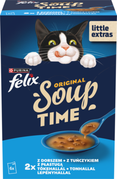 Granatowe opakowanie Felix Soup Time z wizerunkiem kota, zupą i łyżką, 6x saszetki, widok z przodu.