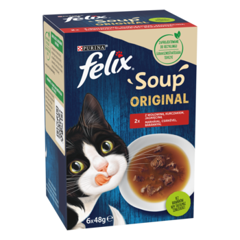 Opakowanie karmy Felix Soup Original Wiejskie Smaki dla kota, 6x48g, zupa w saszetkach, front pudełka.