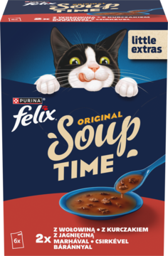 Felix Soup Original, zupy dla kota w pudełku. Widok przodu: kot, miska rosołu z mięsem. Smaki: wołowina, kurczak, jagnięcina.