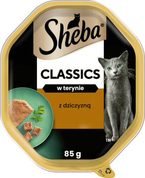 Sheba Classics karma dla kota z dziczyzną, wykwintna teryna w złotym tackach 85g, widok z góry.