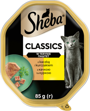 Sheba Classics mokra karma dla kota, pasztet z kaczką i kurczakiem, złota tacka, widok z góry.