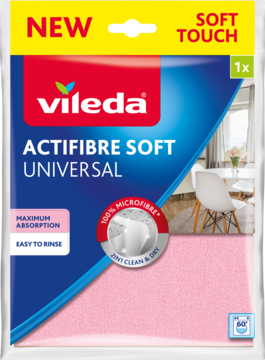 Vileda Actifibre Soft Universal, różowa ściereczka z mikrofibry, opakowanie z 'Soft Touch' i 'Max Absorption'.