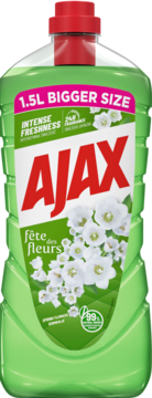 Ajax Płyn Uniwersalny Konwalie, zielona butelka 1.5L z czerwonym korkiem, widok z przodu, białe kwiaty.