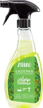 Zielko Zielona Herbata płyn do łazienki w zielonej butelce z czarnym atomizerem, widok z przodu, etykieta z listkami i ikonami.