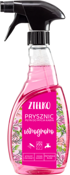 Różowy płyn Zielko Prysznic Winogrono do kabin, butelka ze spryskiwaczem, magenta etykieta, usuwa kamień, widok z przodu.