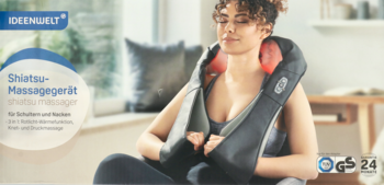 Kobieta relaksuje się z masażerem shiatsu Ideenwelt na ramionach i karku, czarno-czerwony.