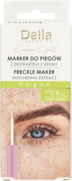 Białe opakowanie Delia Freckle Maker wegański, z ekstraktem z henny, efekt do 4 dni, widok z przodu.