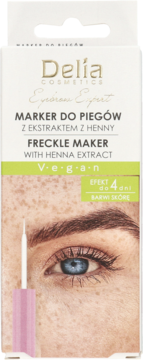 Białe opakowanie Delia Freckle Maker wegański, z ekstraktem z henny, efekt do 4 dni, widok z przodu.