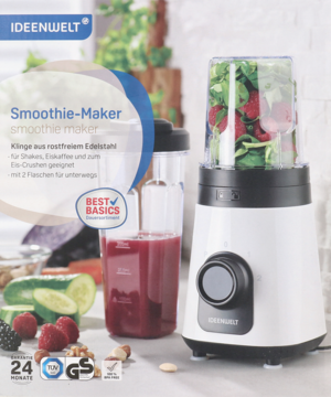 Biały blender Smoothie-Maker IDEENWELT z 2 bidonami i ostrzem ze stali, idealny do kruszenia lodu, widok z przodu.