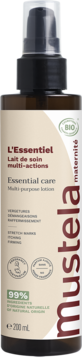 Mustela L'Essentiel Essential Care, multi-purpose lotion w brązowej butelce z pompką, 200ml, widok z przodu.