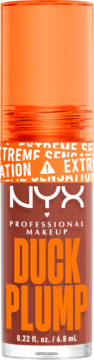 NYX Professional Makeup Duck Plump błyszczyk powiększający usta, ciemnobrązowa butelka z pomarańczowym napisem, widok z przodu.
