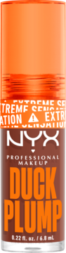 NYX Duck Plump błyszczyk do ust Mocha Me Crazy, brązowa butelka z pomarańczową nakrętką, widok z przodu.