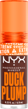 NYX Professional Makeup Duck Plump błyszczyk do ust, brązowa tubka z pomarańczowym napisem, widok z przodu.
