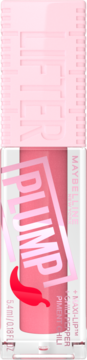 Różowy błyszczyk Maybelline Lifter Plump w przezroczystej tubce z napisem "PLUMP" i ikoną chilli, widok z przodu.