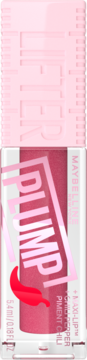 Maybelline Lifter Plump błyszczyk, różowy w przezroczystej tubce z dużym napisem PLUMP i chili, widok z przodu.